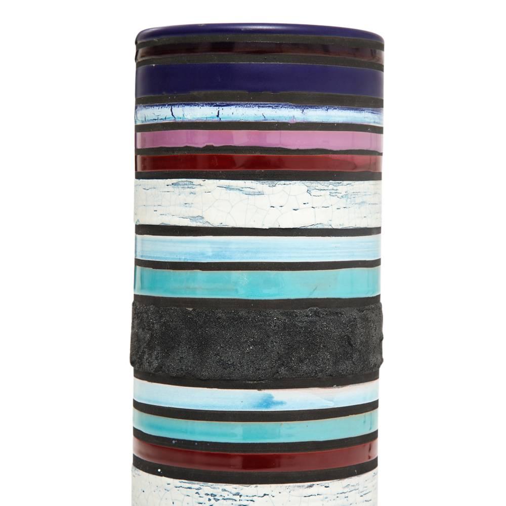 Vernissé Vase Bitossi pour Raymor Cambogia en céramique, bleu, violet, blanc, rayures, signé en vente