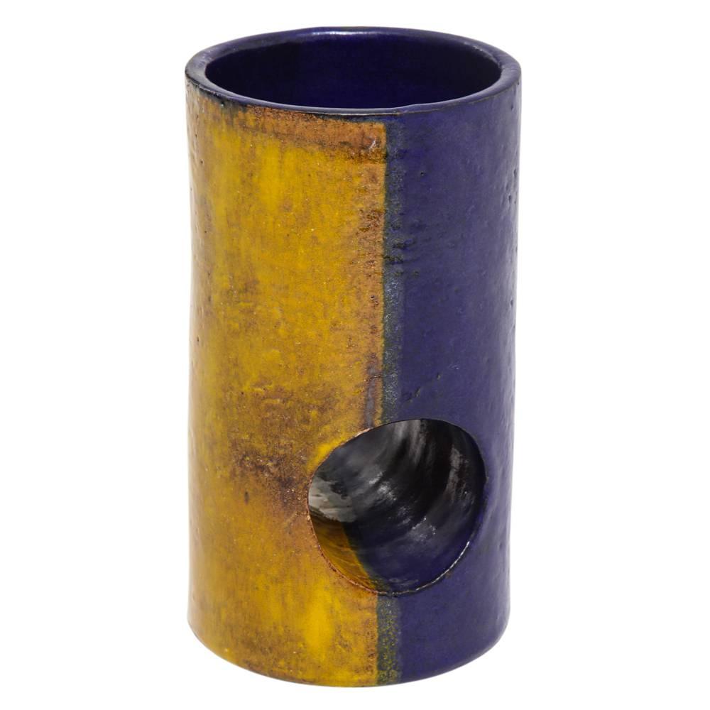 Mid-20th Century Bitossi Raymor Ceramic Vase Pottery Blue Tan Cutout Signed Italy 1960s