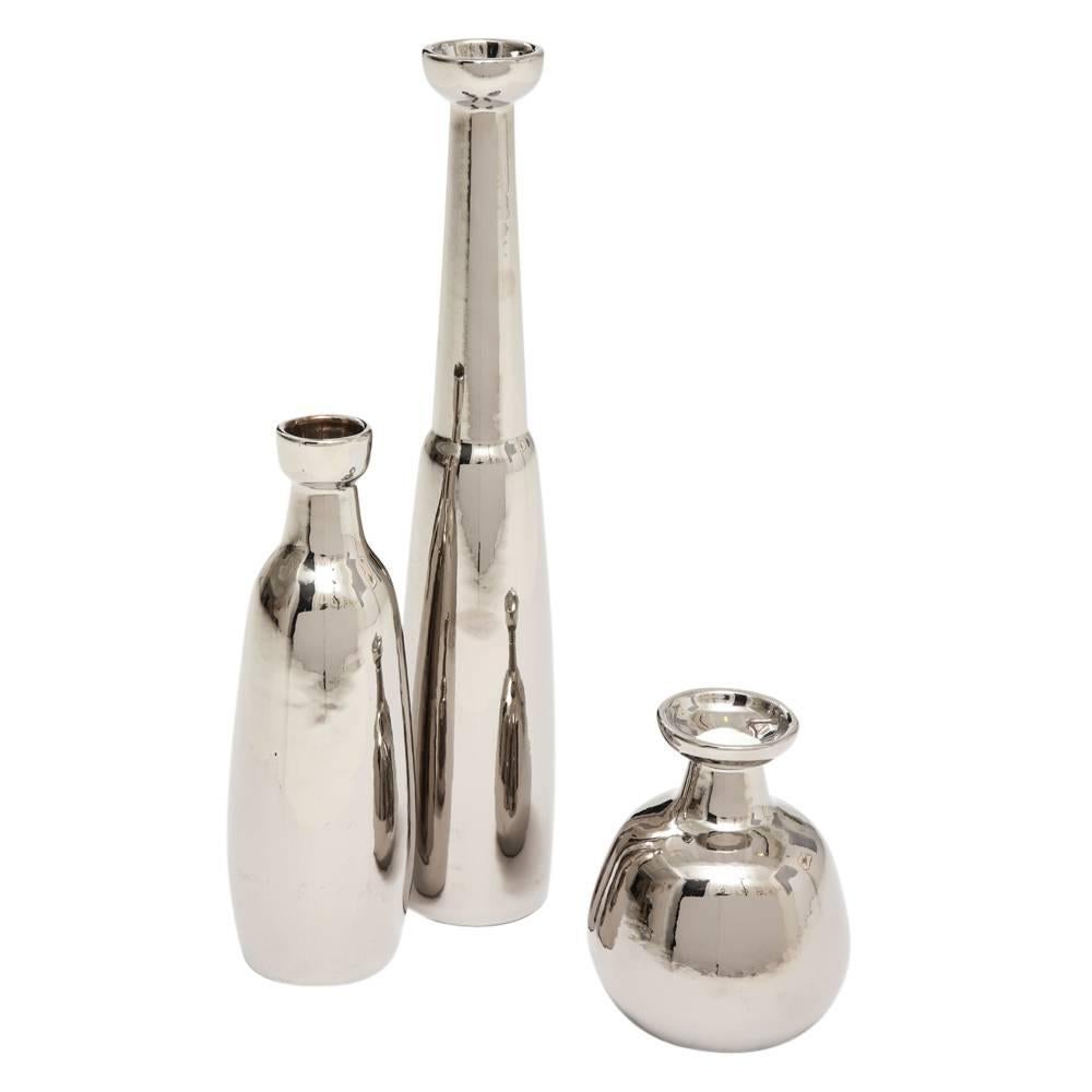American Jaru Vases, Ceramic, Metallic Silver Chrome, Signed For Sale