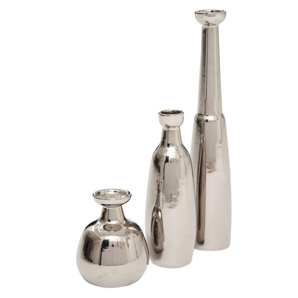 Jaru Vases, Ceramic, Metallic Silver Chrome, Signed In Good Condition For Sale In New York, NY
