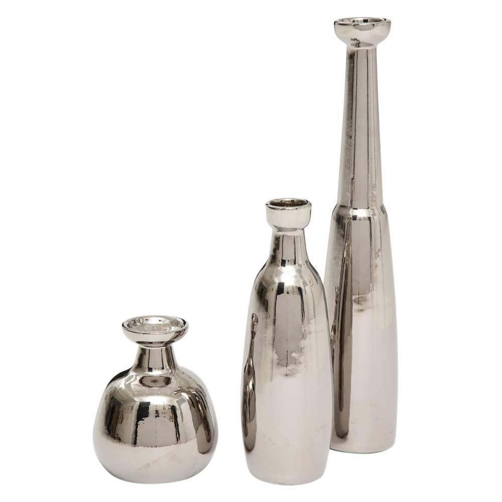 Glazed Jaru Vases, Ceramic, Metallic Silver Chrome, Signed For Sale