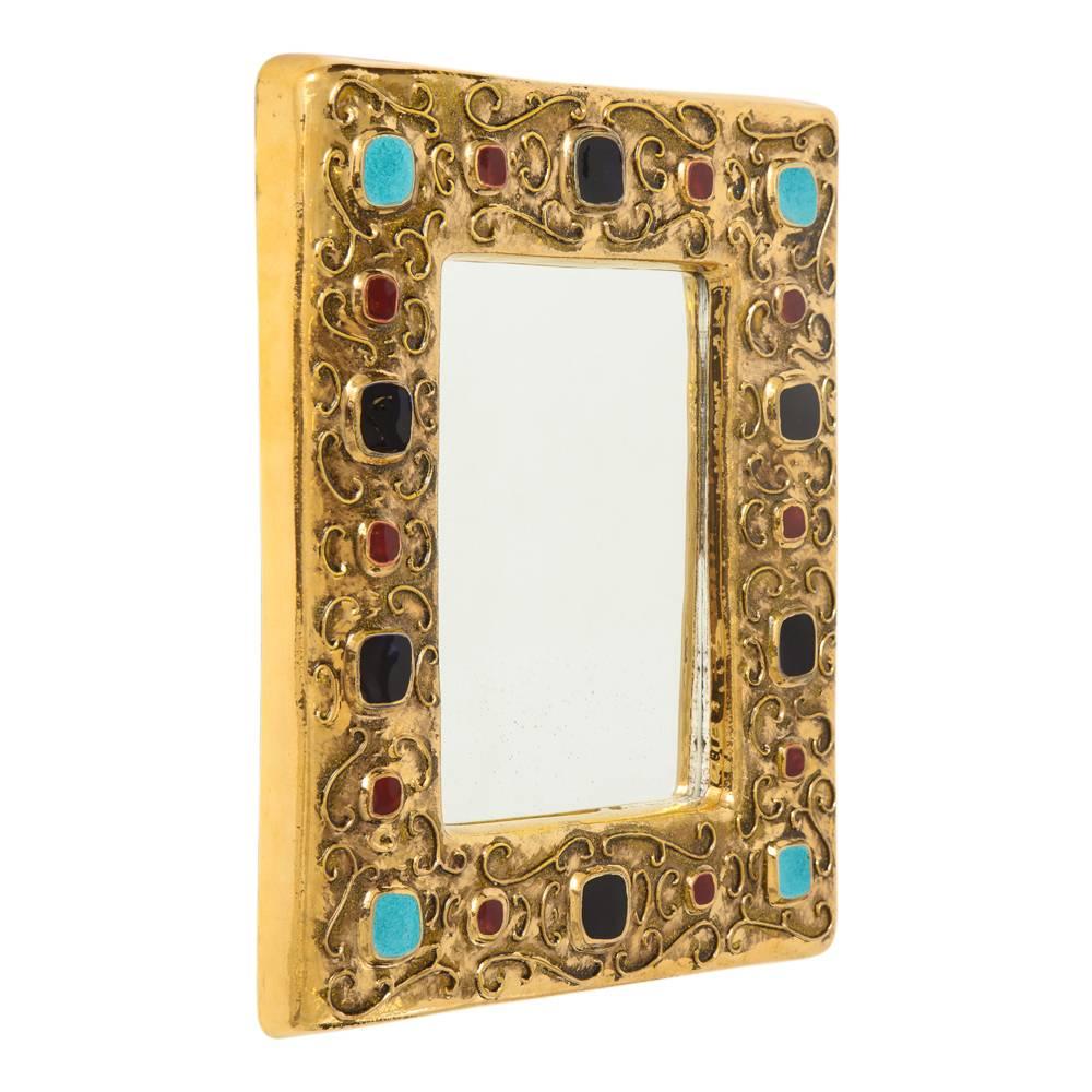 Modern Francois Lembo Ceramic Mirror Jewel Gold Turquoise Signed France, 1970s