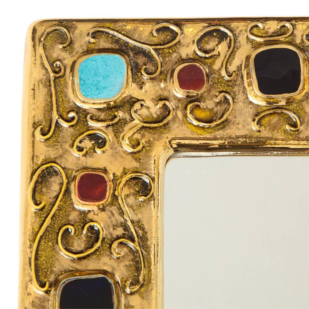 French Francois Lembo Ceramic Mirror Jewel Gold Turquoise Signed France, 1970s