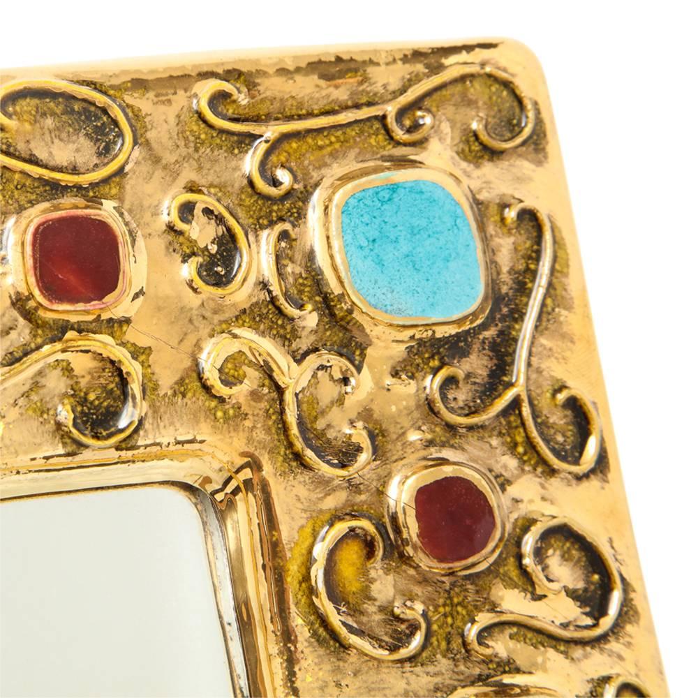 Francois Lembo Ceramic Mirror Jewel Gold Turquoise Signed France, 1970s In Good Condition In New York, NY