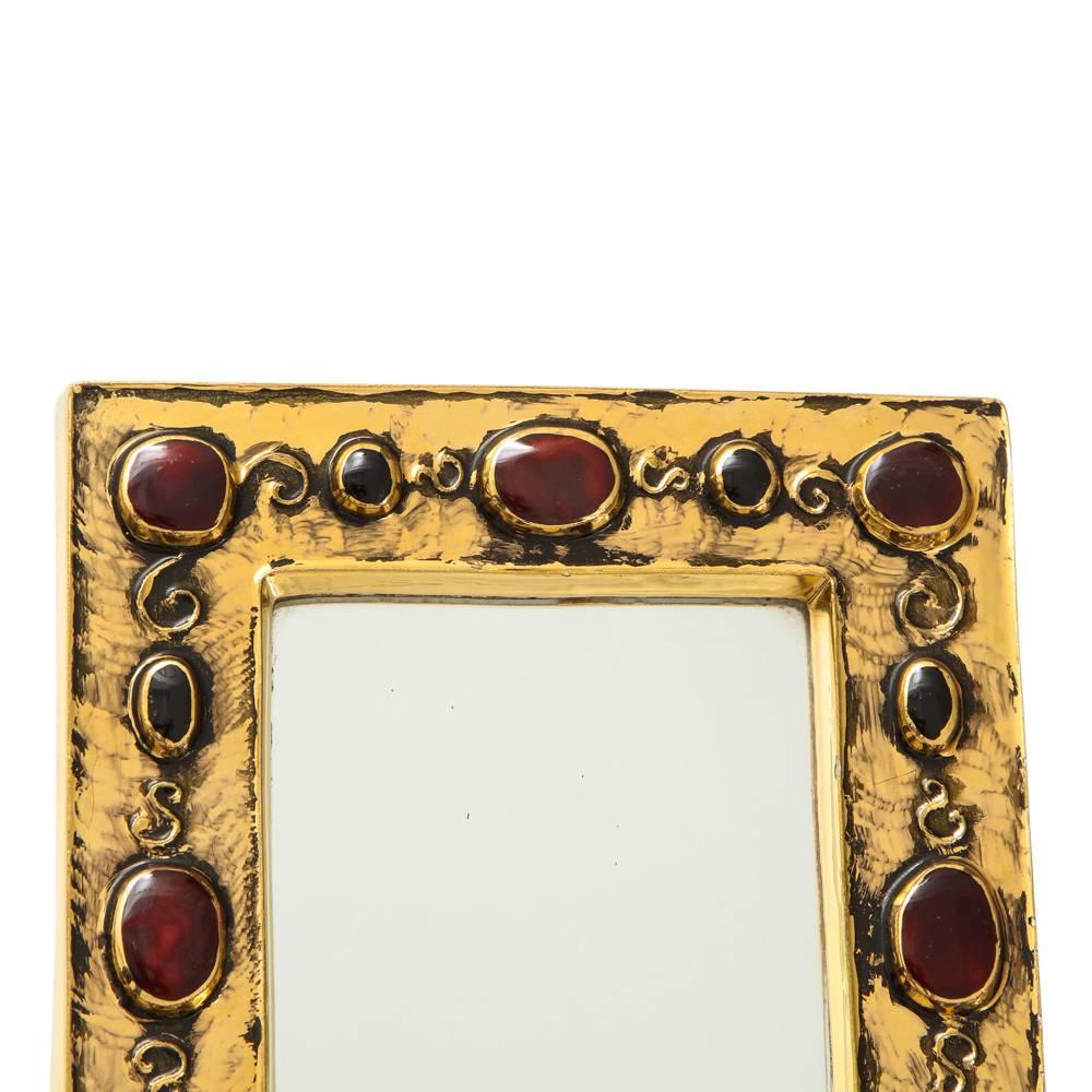 Mid-Century Modern Francois Lembo Mirror, Ceramic, Gold, Red, Black, Jeweled, Signed For Sale