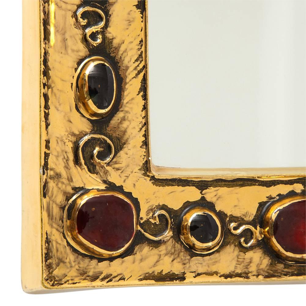 French Francois Lembo Mirror, Ceramic, Gold, Red, Black, Jeweled, Signed For Sale