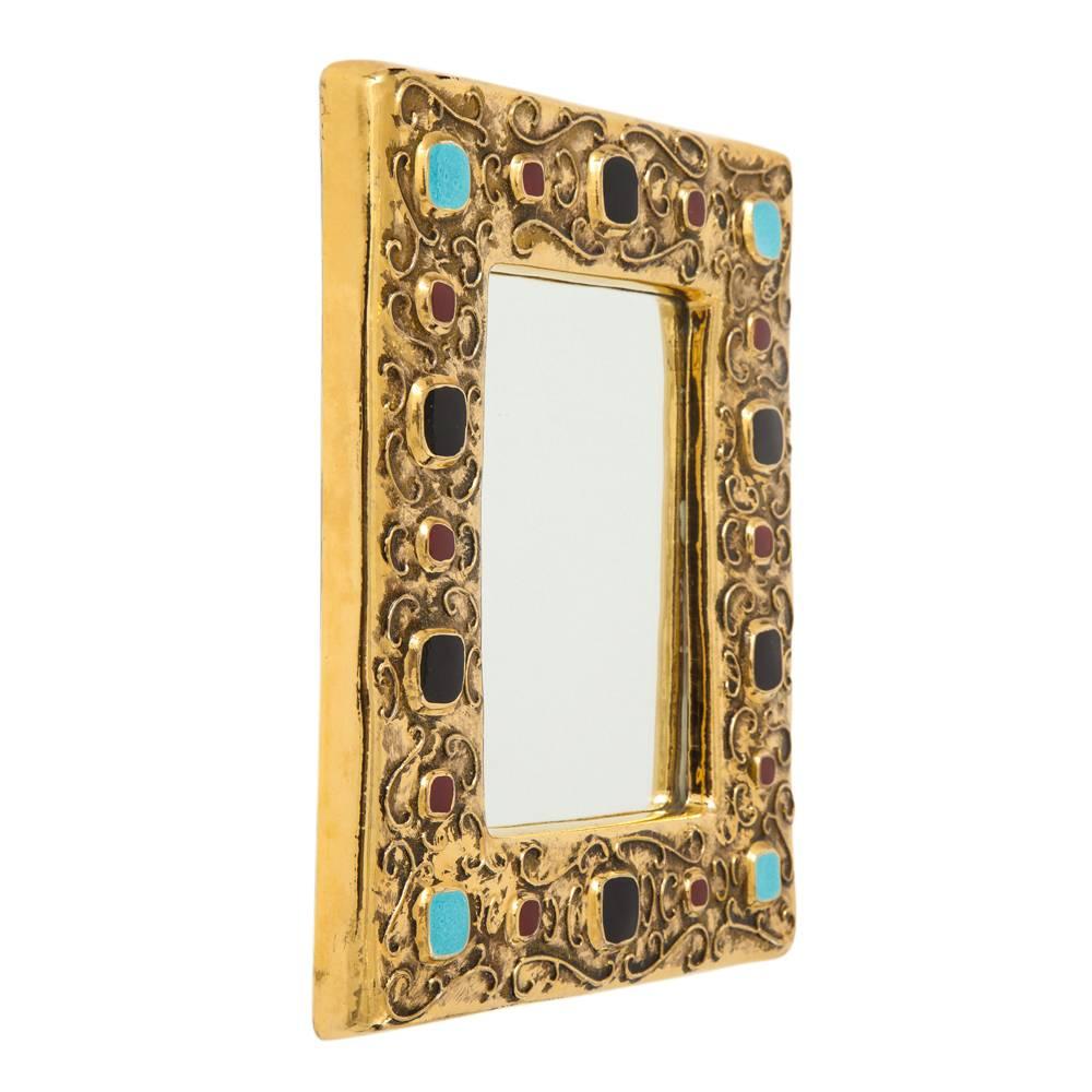 Mid-Century Modern Francois Lembo Mirror, Ceramic, Gold, Turquoise, Red, Black, Jeweled, Signed