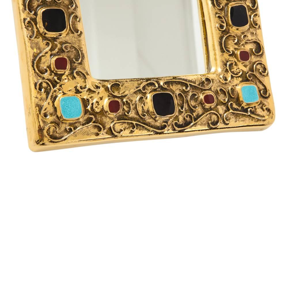 Francois Lembo Mirror, Ceramic, Gold, Turquoise, Red, Black, Jeweled, Signed In Good Condition In New York, NY