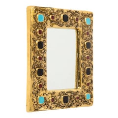 Francois Lembo Mirror, Ceramic, Gold, Turquoise, Red, Black, Jeweled, Signed