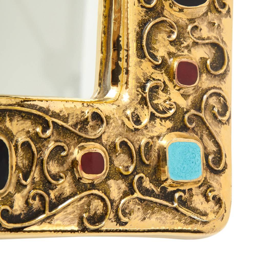 Glazed Francois Lembo Mirror, Ceramic, Gold, Turquoise, Red, Black, Jeweled, Signed