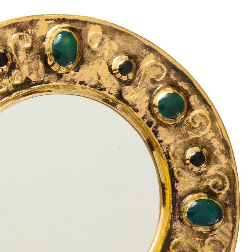 Francois Lembo Spiegel, Keramik, Jewell, Gold, Smaragdgrün, Schwarz Signiert (Moderne der Mitte des Jahrhunderts) im Angebot