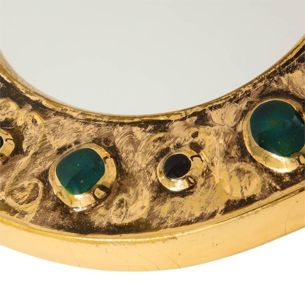 Mid-Century Modern Francois Lembo Mirror, Ceramic, Jeweled, Gold, Emerald Green, Black Signed For Sale