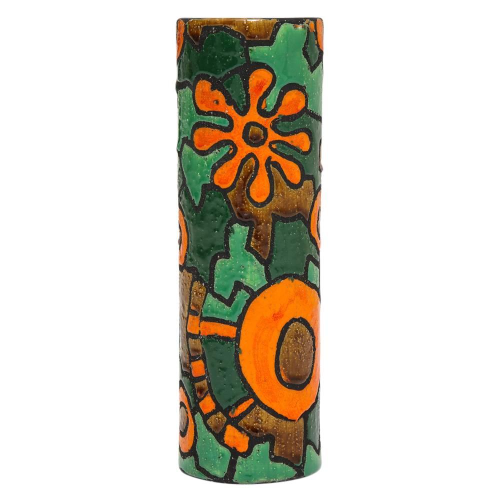 Alvino Bagni for Raymor vase, ceramic, orange, green, brown, signed. Tall cylinder vase with a subtle textured sand glaze of bright orange, green, and an earth tone brown. Designed by Alvino Bagni of Florence and distributed by Raymor worldwide.