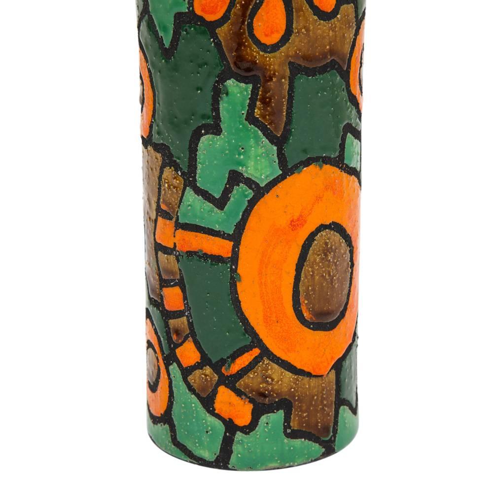 Alvino Bagni for Raymor Vase, Ceramic, Orange, Green, Brown, Signed For Sale 1