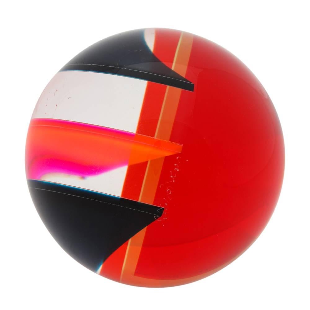 Mid-Century Modern Vasa Mihich Sphere, Cast Acrylic, Red, Pink, Yellow, Black, Abstract, Signed