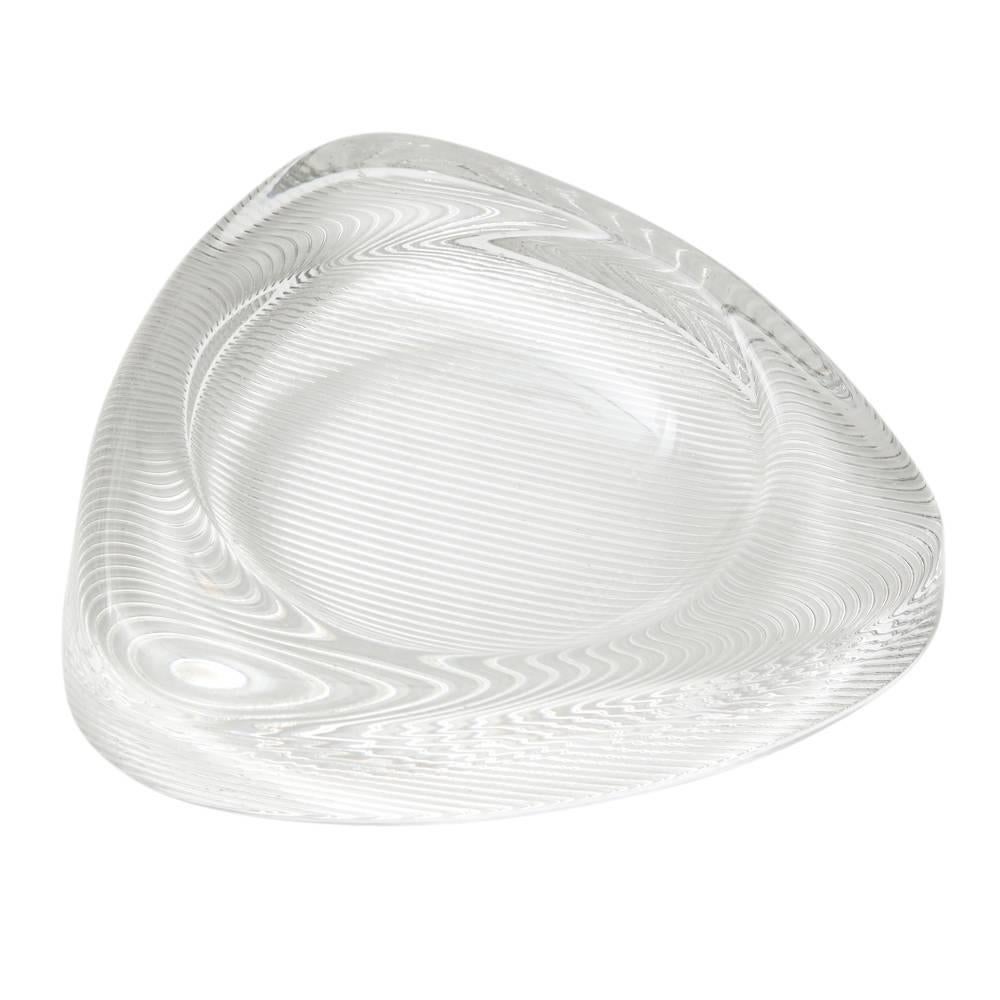 Glass Bowl Tray Chunky Clear Ribbed Triangular Op Art USA 1970's. The ribbed bottom and clear smooth sides and top. The ribbed bottom creates an optical effect. Heavy - weighs 5 lbs.