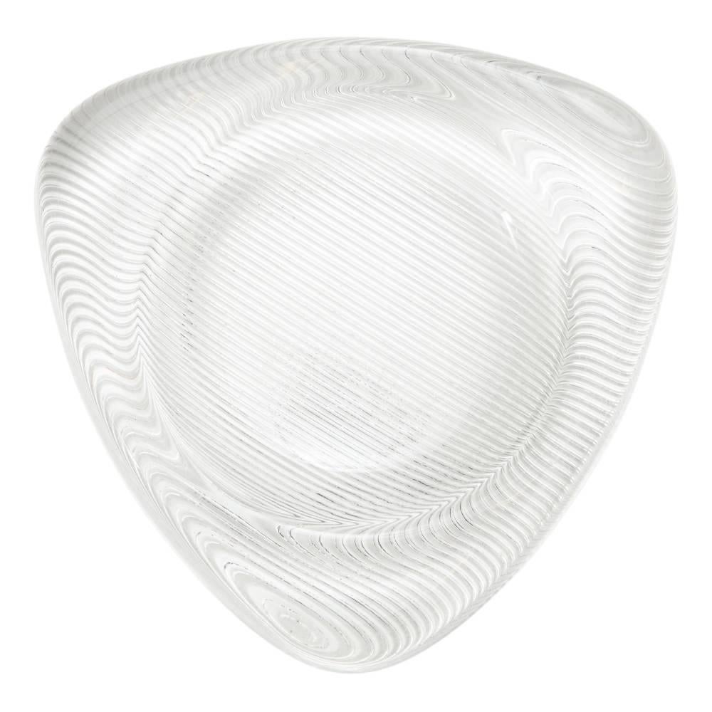 American Glass Bowl Tray Chunky Clear Ribbed Triangular Op Art Vide-Poche, USA 1970s