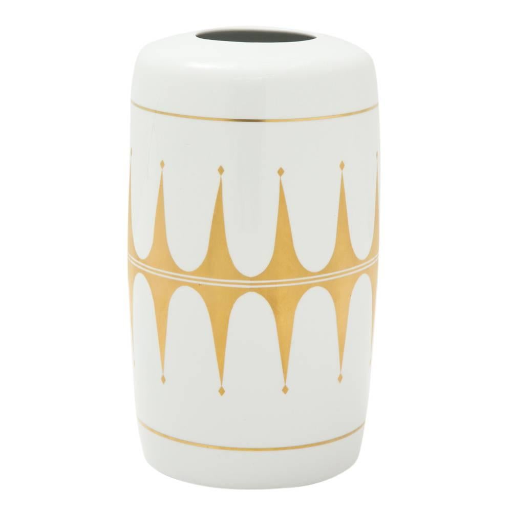 Hutschenreuther Vase, Porzellan, weiß, gold, signiert. Großformatige, klobige Vase mit geometrischem Muster 