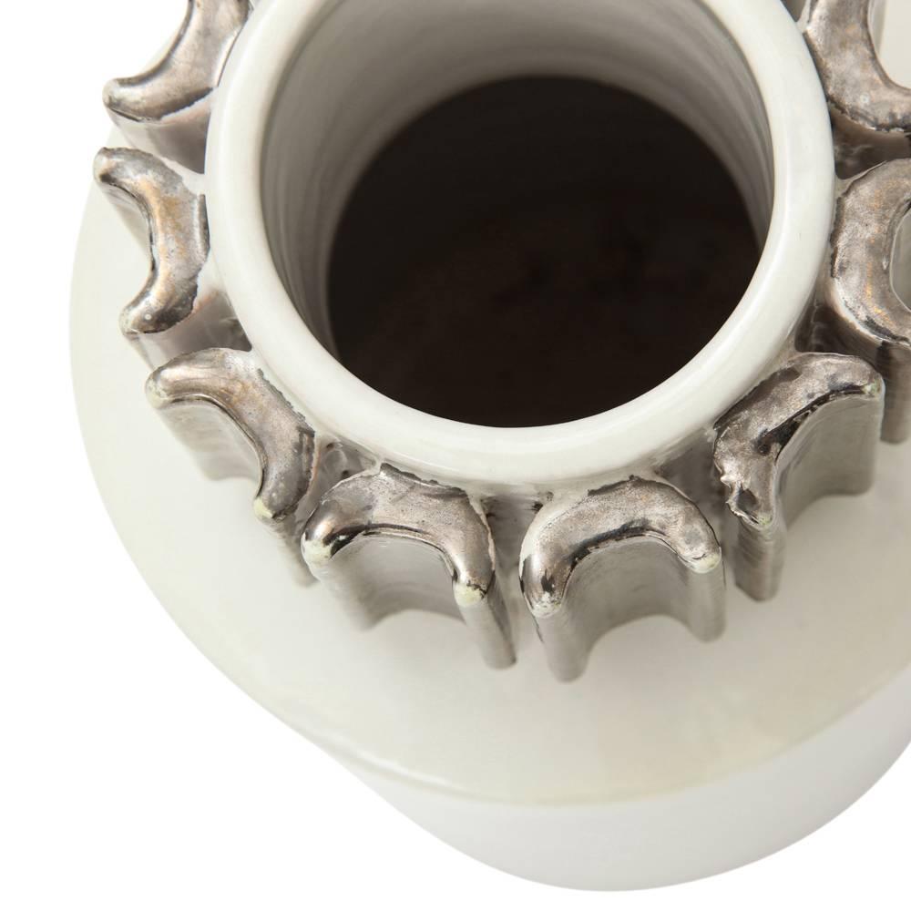 Bitossi Vase, Ceramic, White, Metallic Gunmetal, Signed For Sale 1