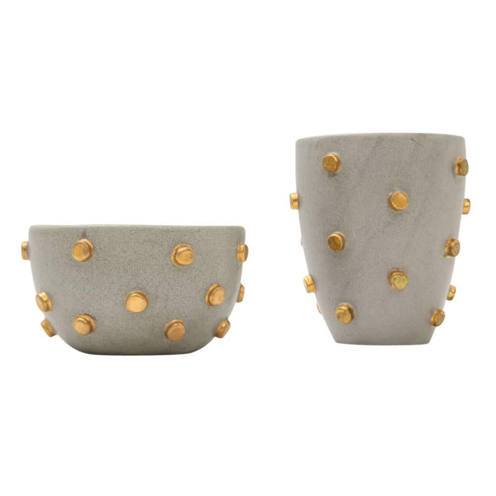 Bitossi Ceramics Bowl Vase Gray Gold Hobnails Signed, Italy, 1960s