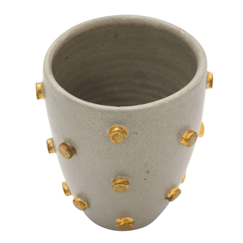Italian Bitossi Ceramics Bowl Vase Gray Gold Hobnails Signed, Italy, 1960s