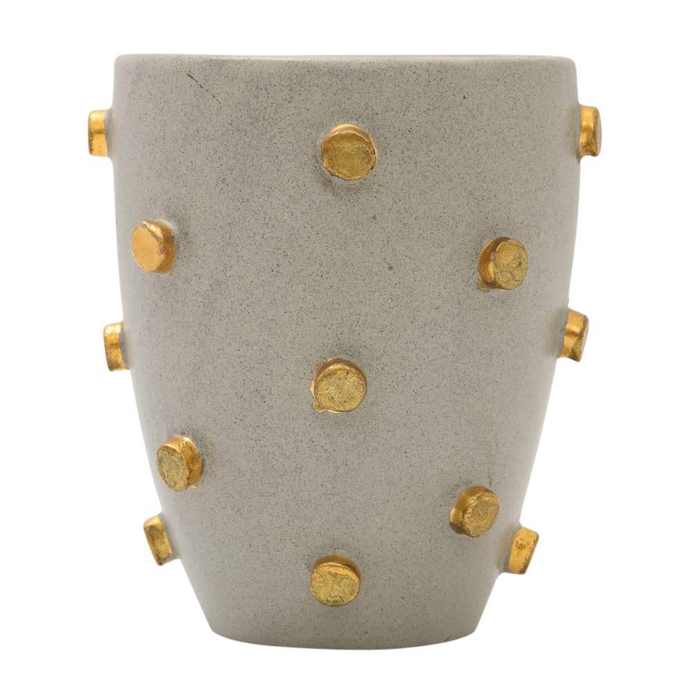 Mid-Century Modern Bitossi Ceramics Bowl Vase Gray Gold Hobnails Signed, Italy, 1960s