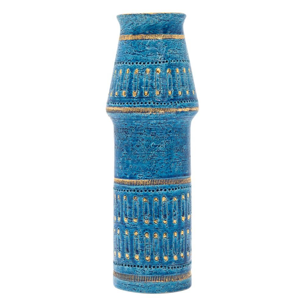 Bitossi ceramic vase rimini blue gold safety pins, signed, Italy, 1960s. Tall vase decorated with gold bands and safety pins over a rimini blue glaze. Signed on underside: 95/33 B Italy.