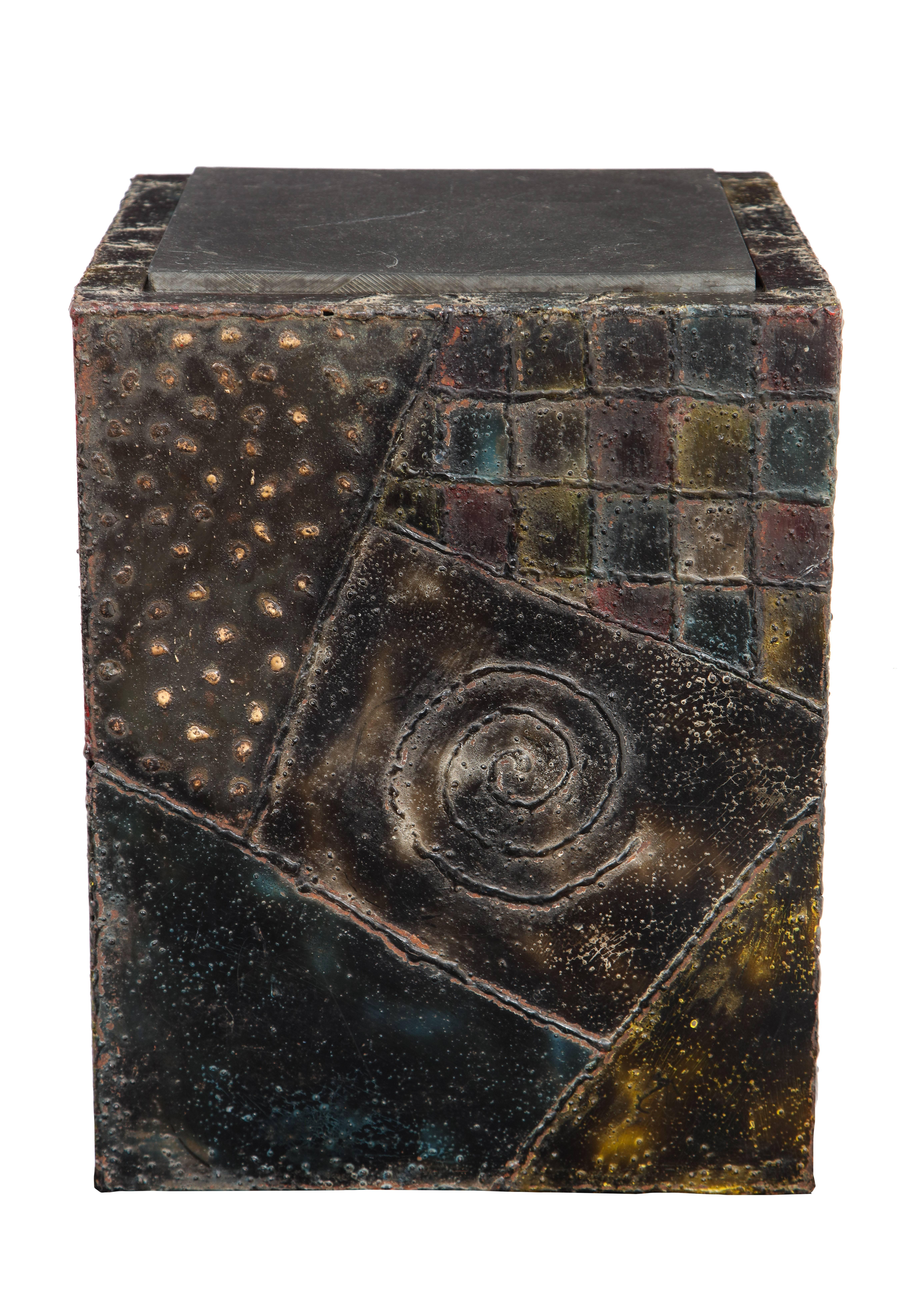 Paul Evans side table, welded painted steel, bronze and slate, signed. Handcrafted side table with slate top in original condition. The blue, yellow and red paint have aged in such a way as to give the appearance of sapphire gemstones. Signed PE 69