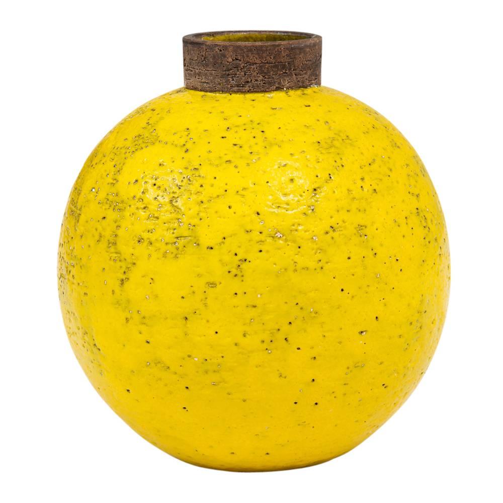 Bitossi ceramic vase yellow brown round pottery signed, Italy, 1960s. Brown collar and yellow glazed spherical body. Signed Italy on underside.