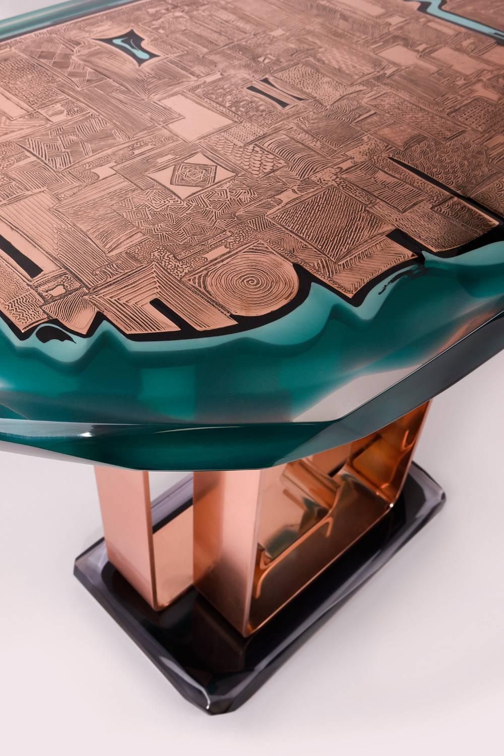 Console by Armand Jonckers (born in 1939, Belgium).
2015.
Engraved brass.
Turquoise and emerald green resin.
Base in solid copper.
Signed.
Measures: H. 36.2 x W. 43.3 x D. 25.6 in.