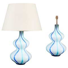 A Pair of Blue and White Stripe Double Gourd Murano Glass Vases as Table Lamps