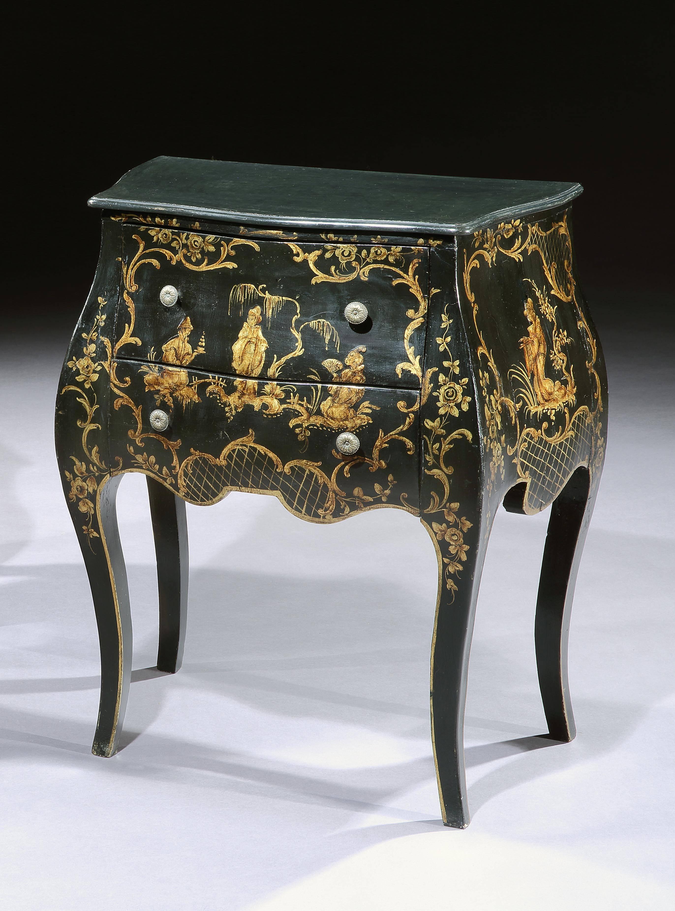 A rare pair of early nineteenth century North Italian black lacquer and chinoiserie decorated bedside commodes.