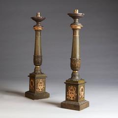 Pair of Empire Period Bronze and Tole Painted Lamps