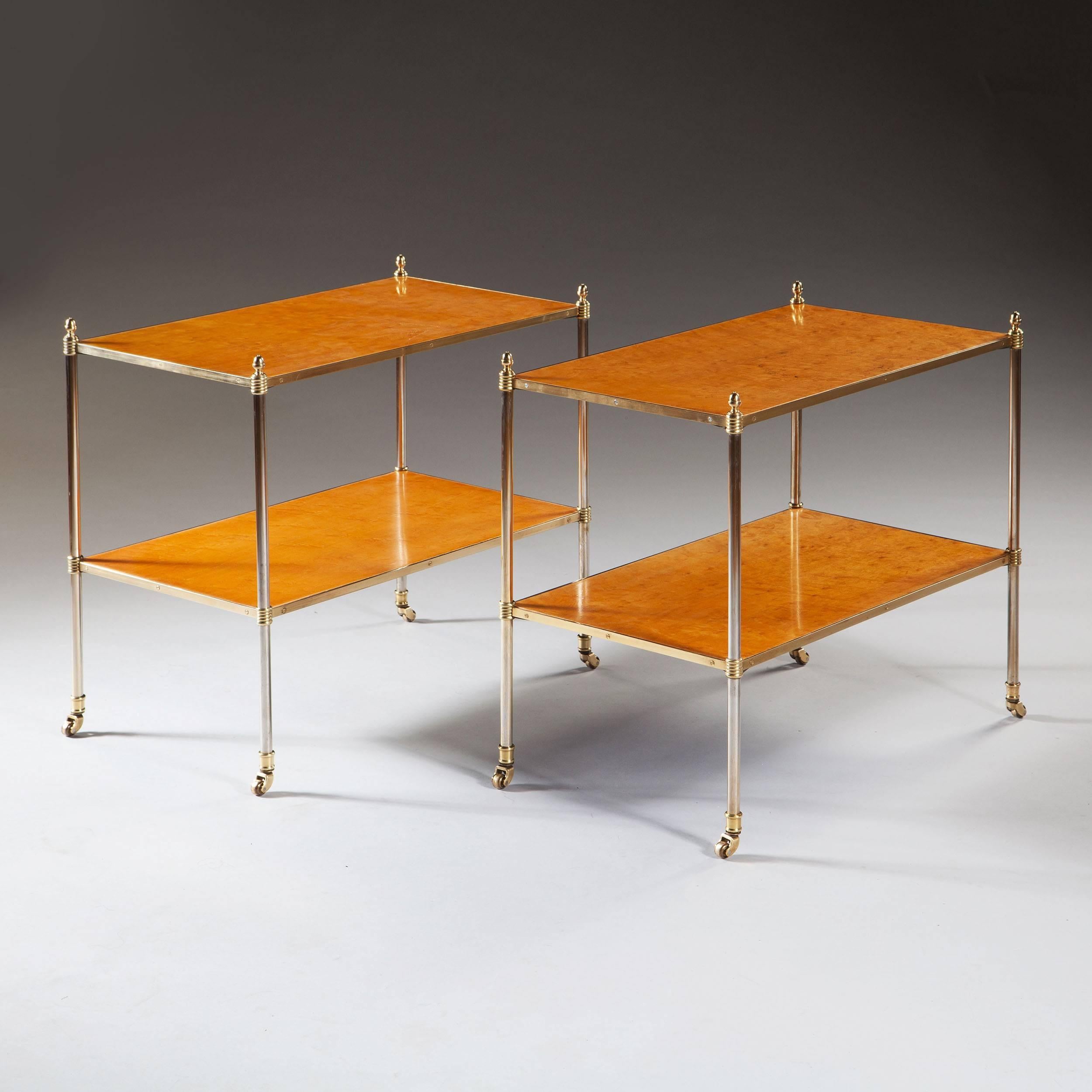 A fine pair of early 20th century rectangular maple veneered steel and brass etageres.