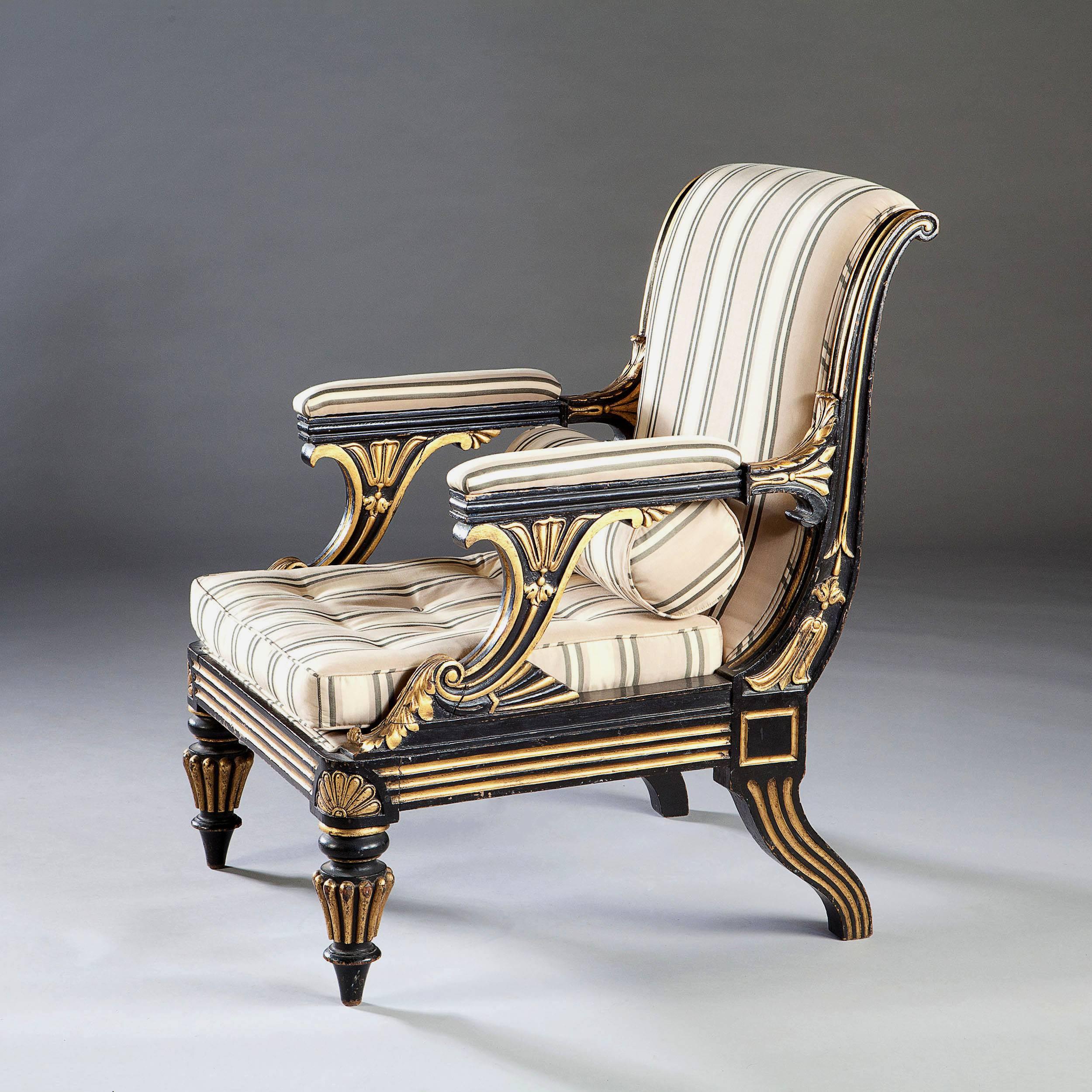 A fine early 19th century ebonized and gilded library armchair, without swept arms, curved back and sabre legs.

Attributed to Morel and Hughes.