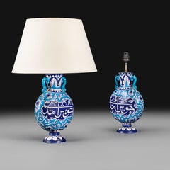 A Rare Pair of 19th Century Blue Multan Pottery Moon Flasks as Lamps