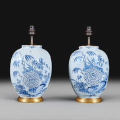 A Pair of Mid 18th Century Delft Pottery Vases with Peony Flowers as Lamps