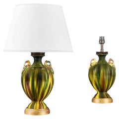 A Pair of 20th Century Green Majolica Glaze Linthorpe Pottery Vases as Lamps