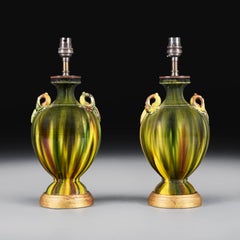 A Pair of 20th Century Green Majolica Glaze Linthorpe Pottery Vases as Lamps
