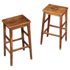 A Matched Pair of Early 20th Century Oak High Stools