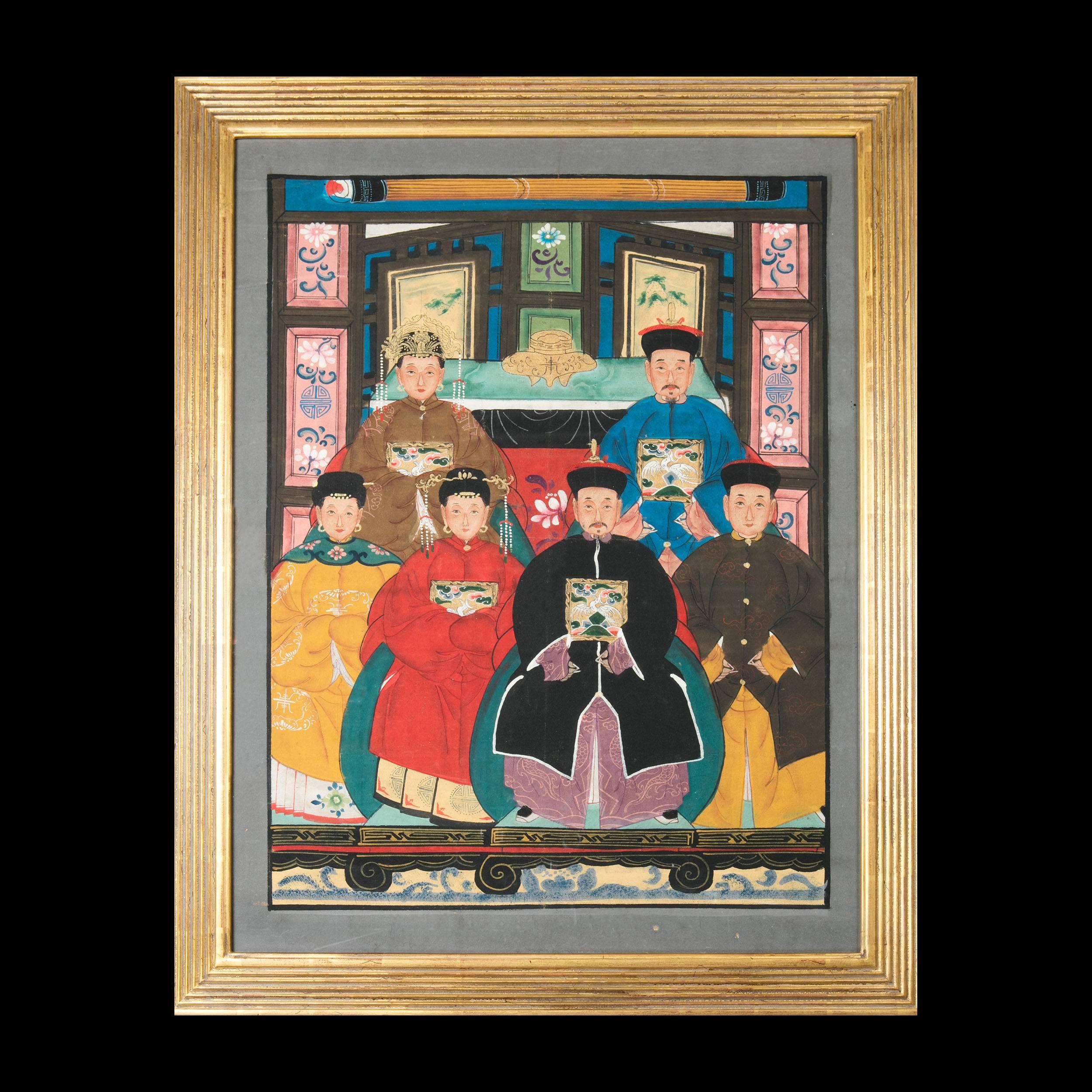 A set of three late 19th century ancestor portraits painted on canvas showing the imperial family with tables decorated with vases.