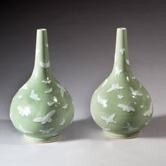 Pair of Celadon Butterfly Vases