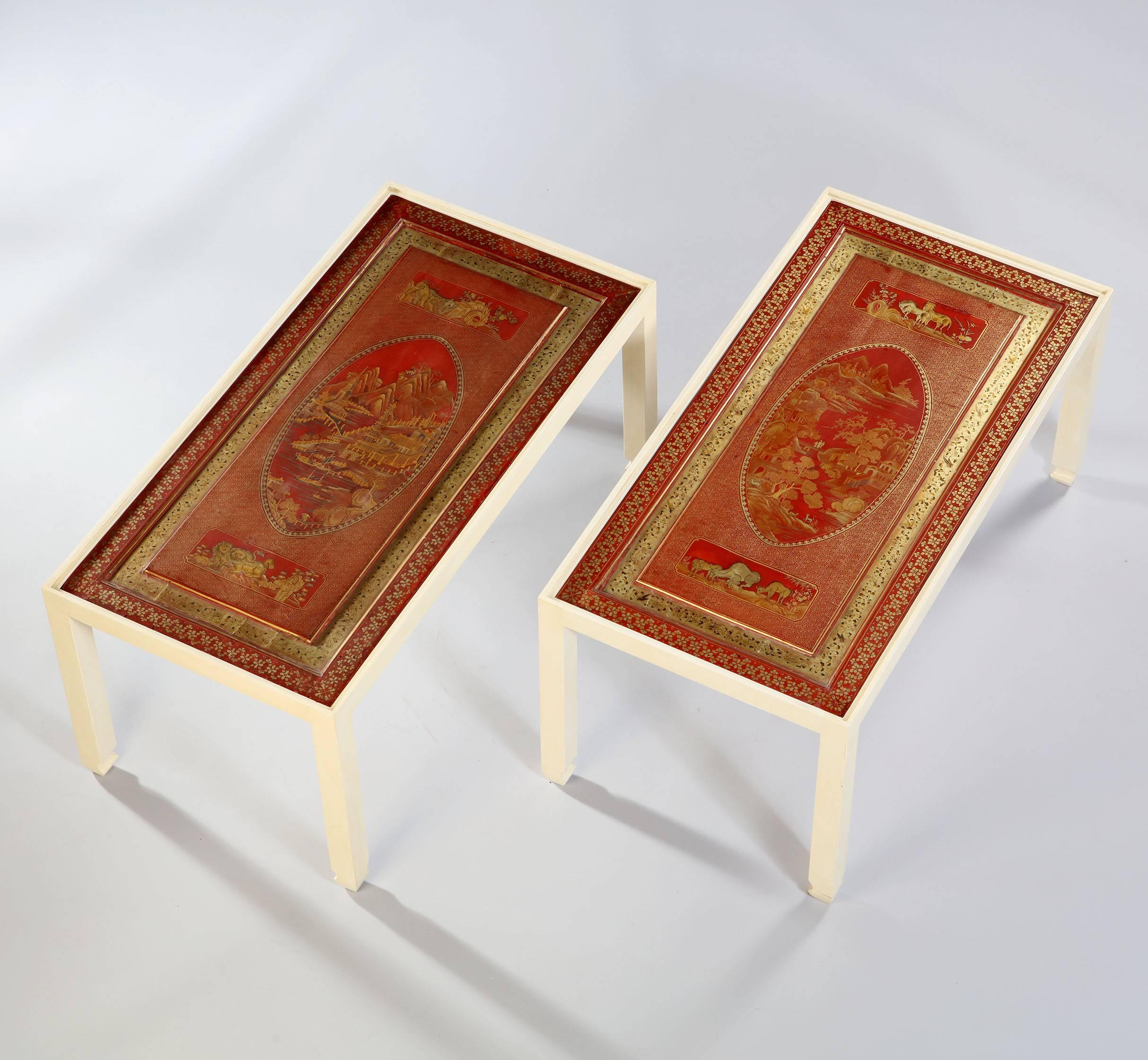 Chinese Fine Pair of Red Lacquer Panels as Low Tables