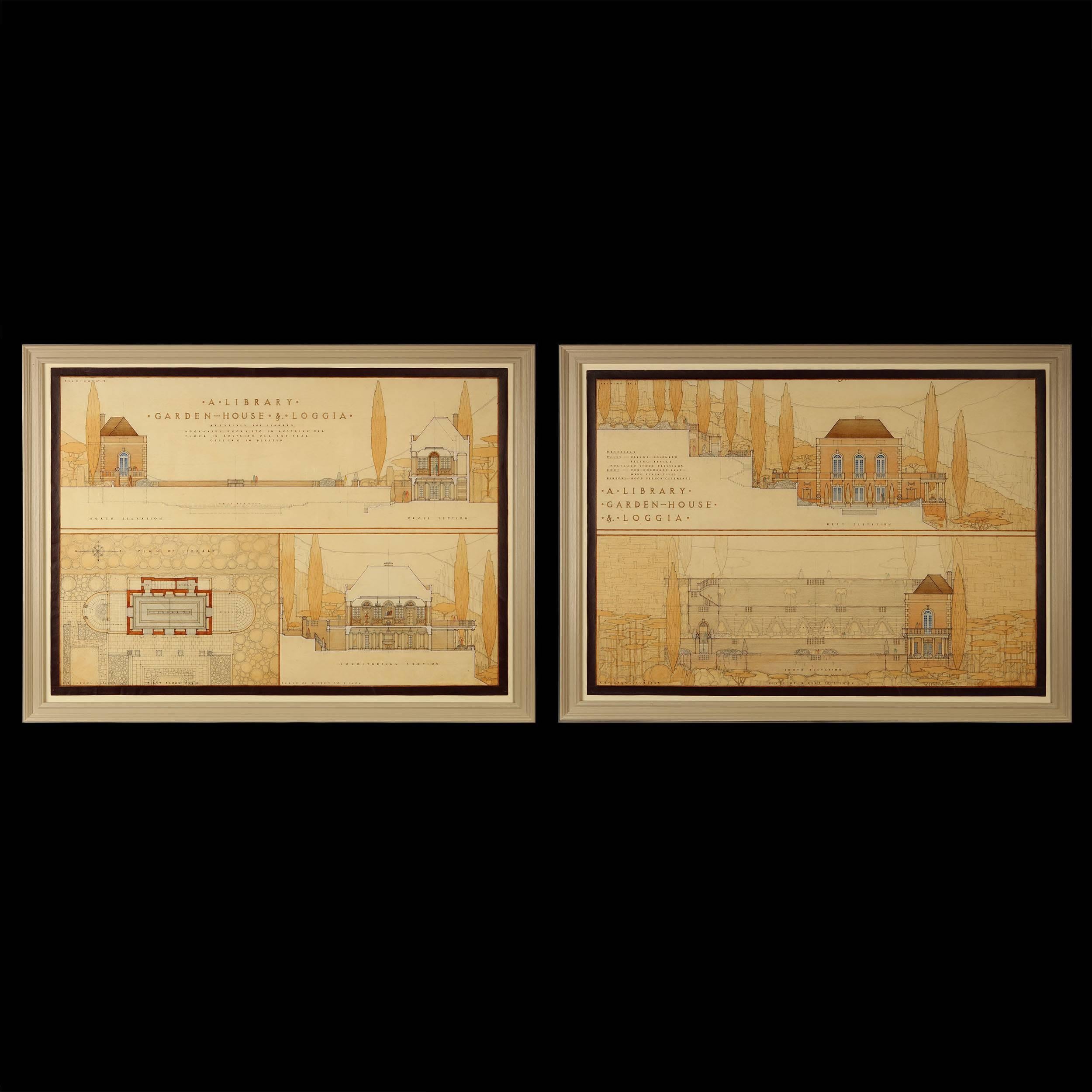 A set of four architectural drawings by E. C. Marriott RIBA, of proposed designs for libraries and garden pavilions.