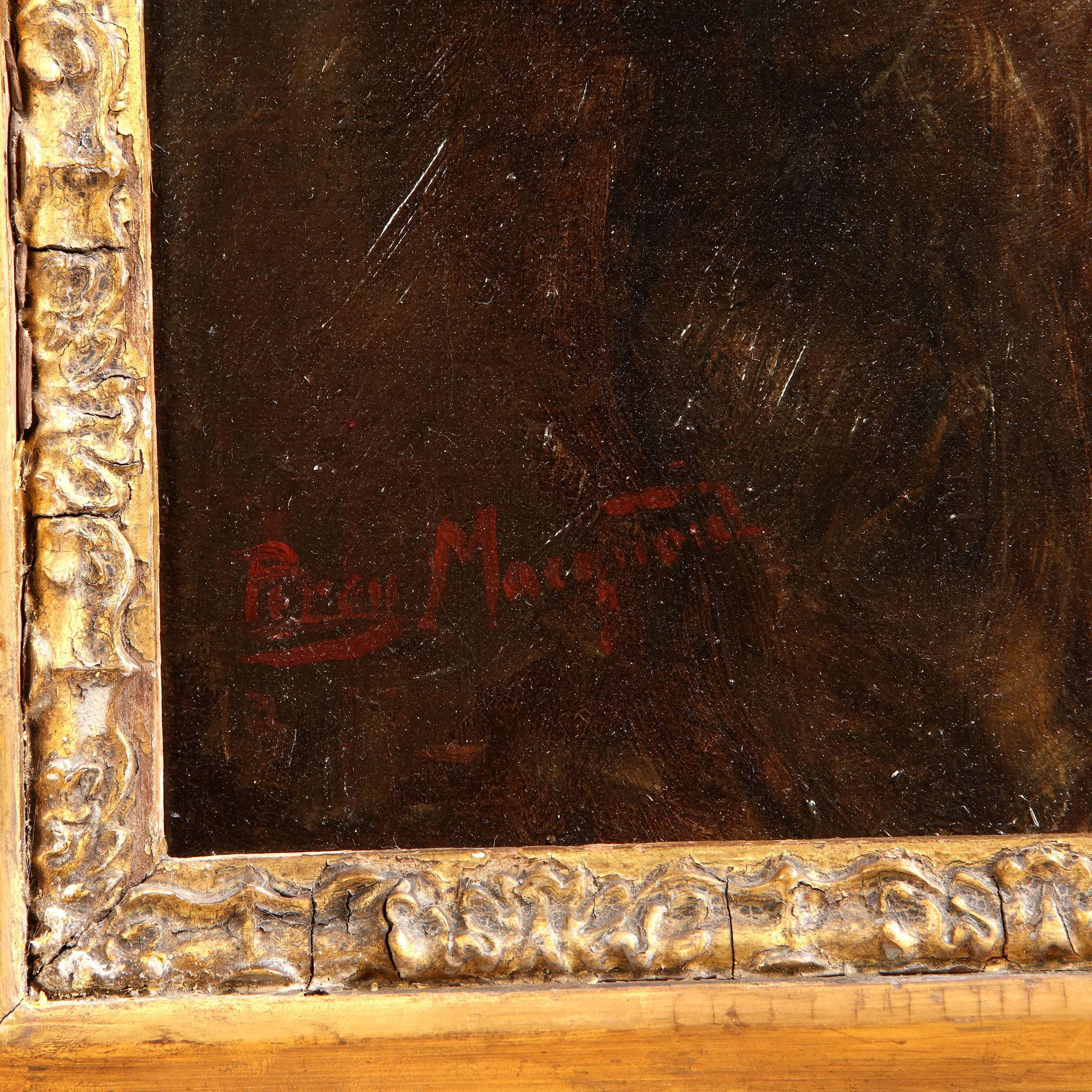 A late 19th century oil on canvas of a lurcher, mounted in a contemporary giltwood frame. Signed Percy Macquoid.