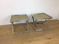 Midcentury Polished Chrome X-Frame Tables with Inset Shagreen Tops