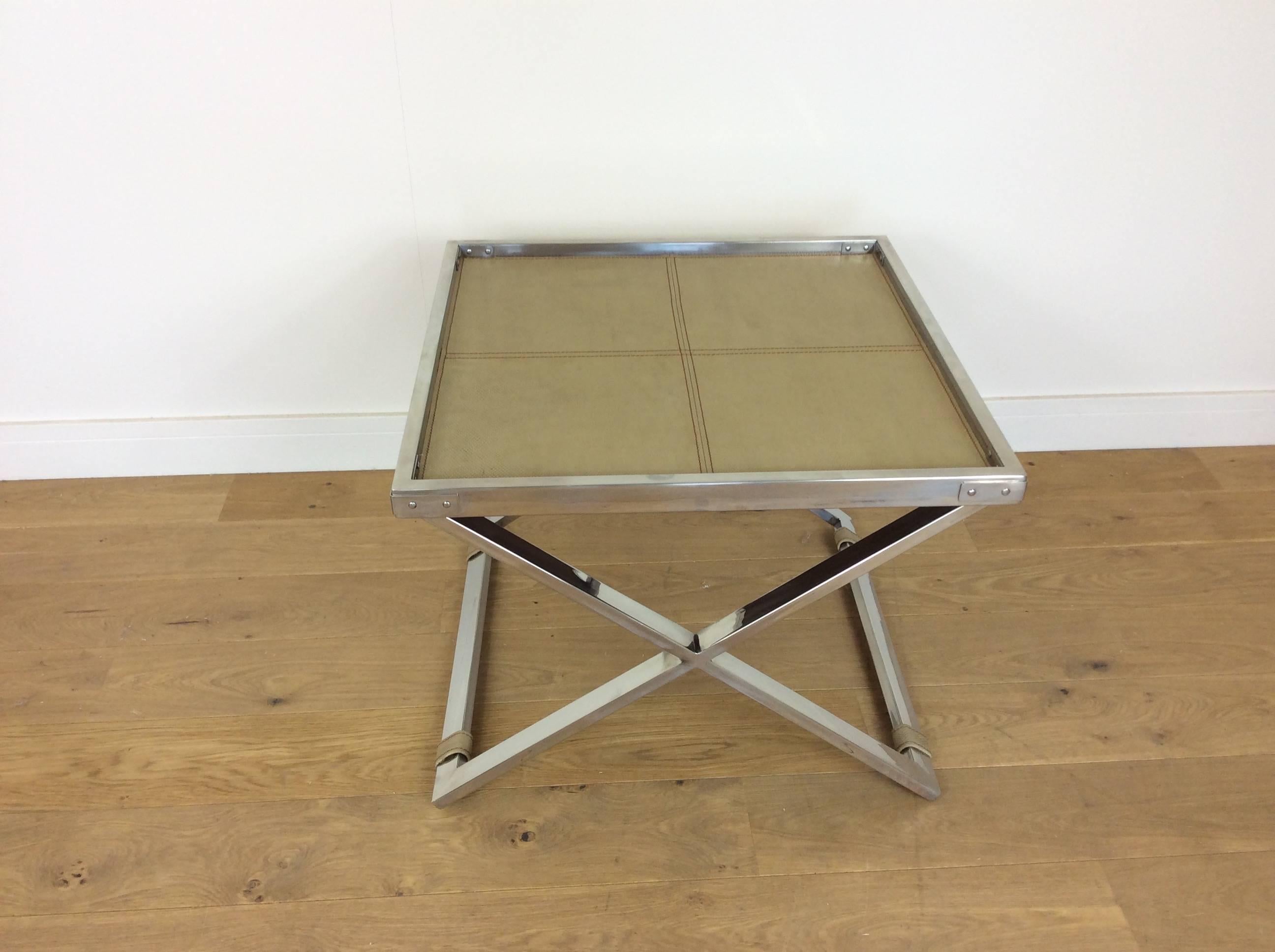 Mid-Century Modern Midcentury Polished Chrome X-Frame Tables with Inset Shagreen Tops For Sale