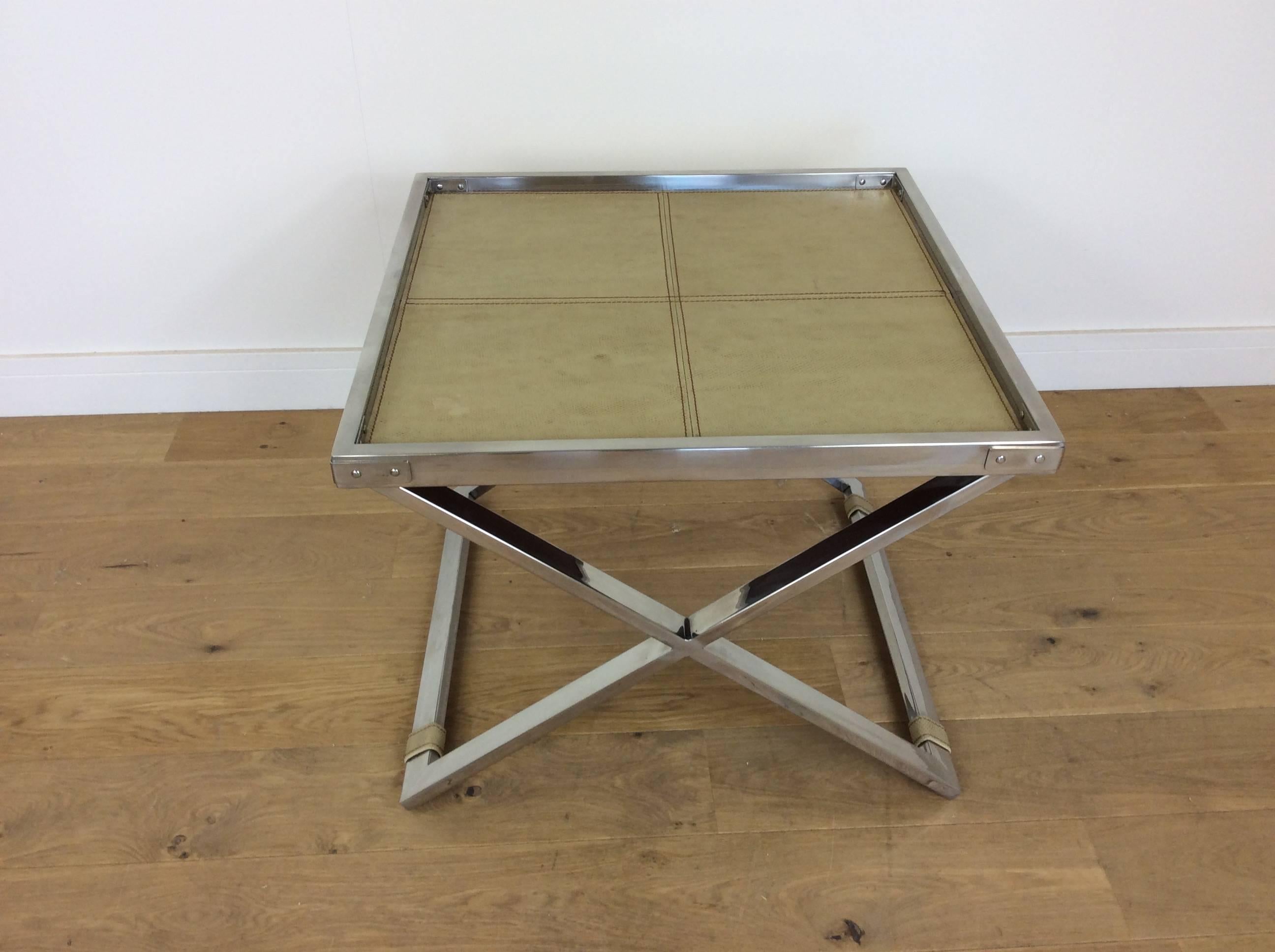 Midcentury Polished Chrome X-Frame Tables with Inset Shagreen Tops For Sale 2