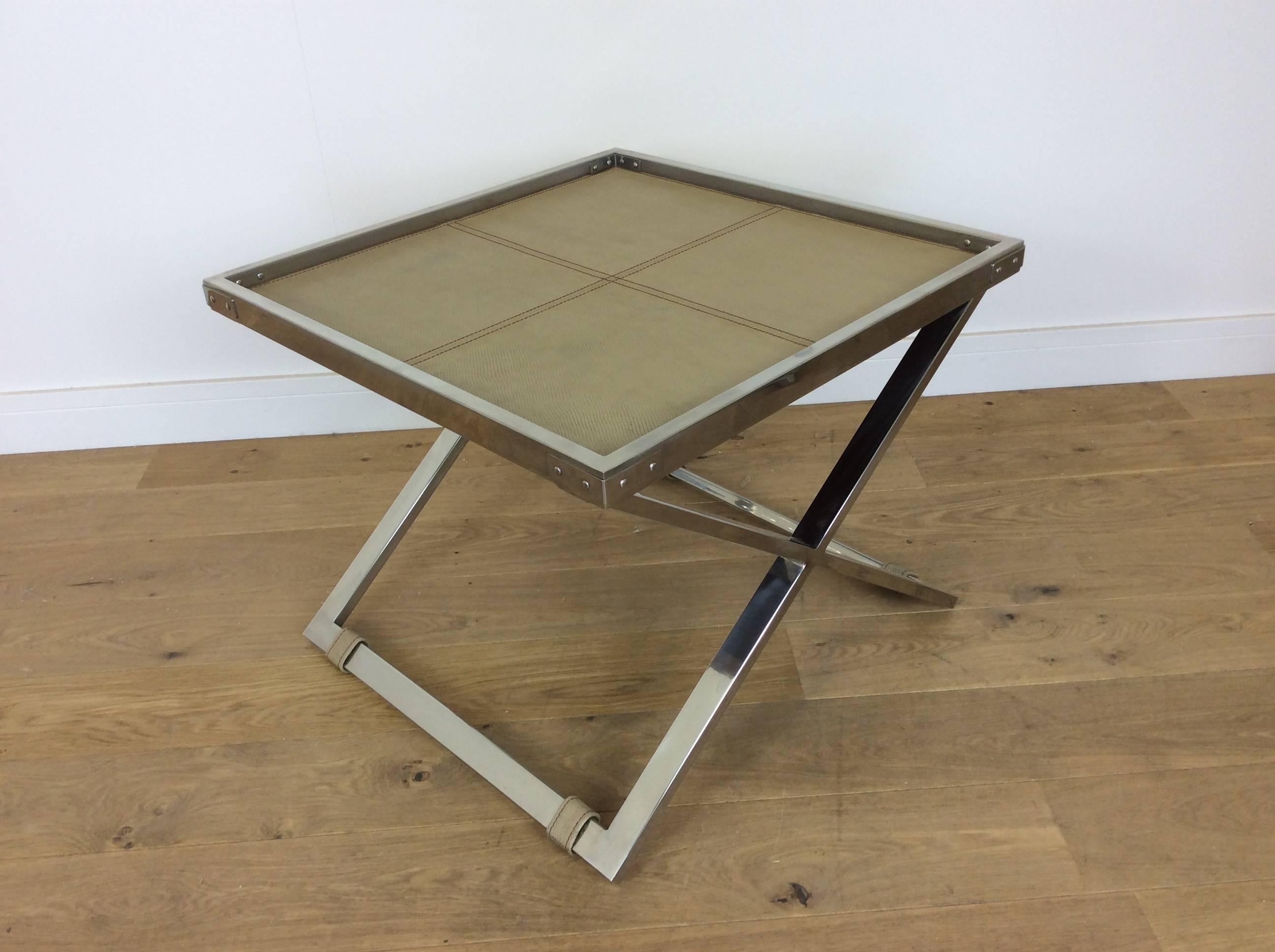 Midcentury Polished Chrome X-Frame Tables with Inset Shagreen Tops For Sale 1