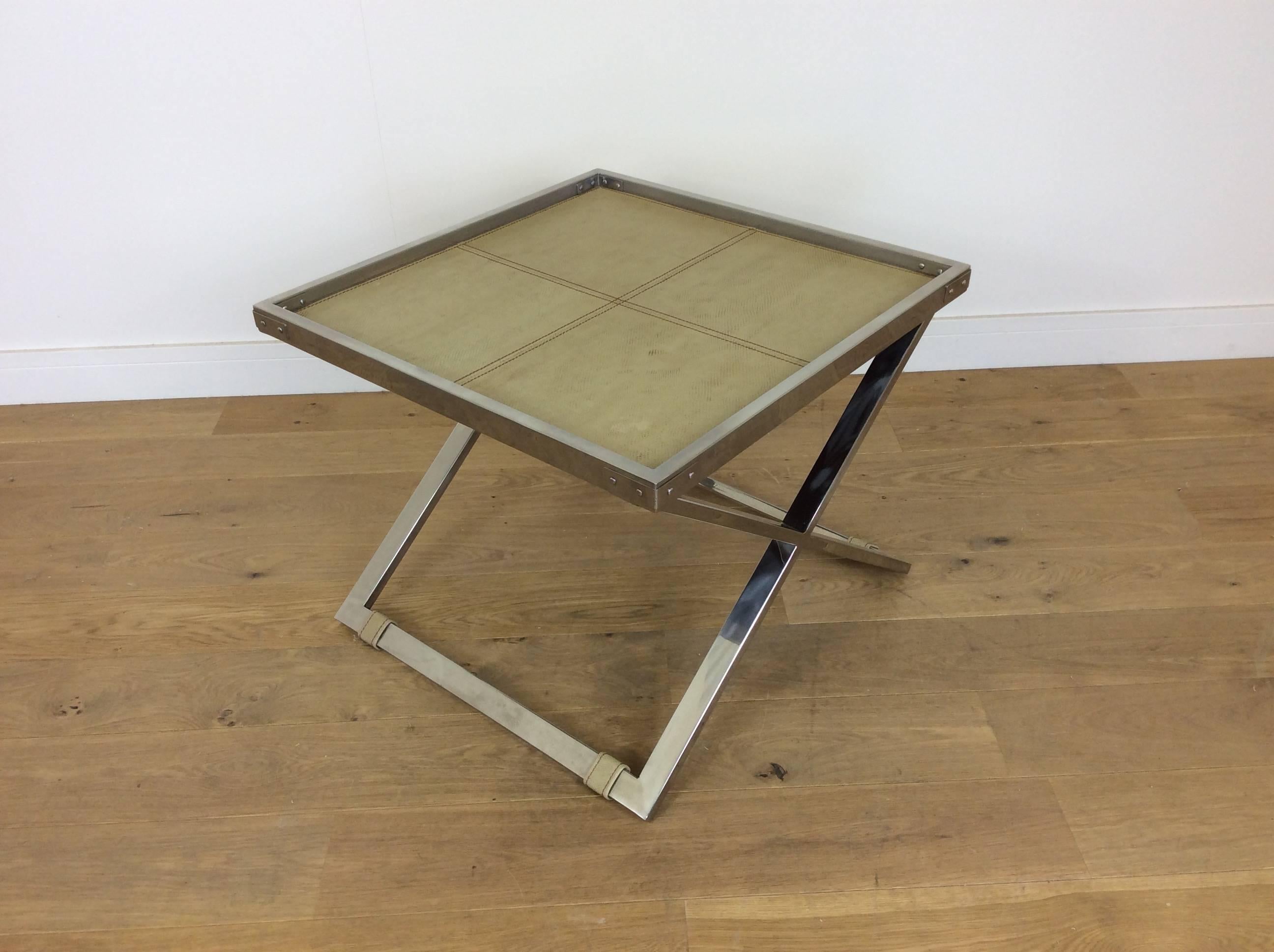 Midcentury Polished Chrome X-Frame Tables with Inset Shagreen Tops For Sale 4